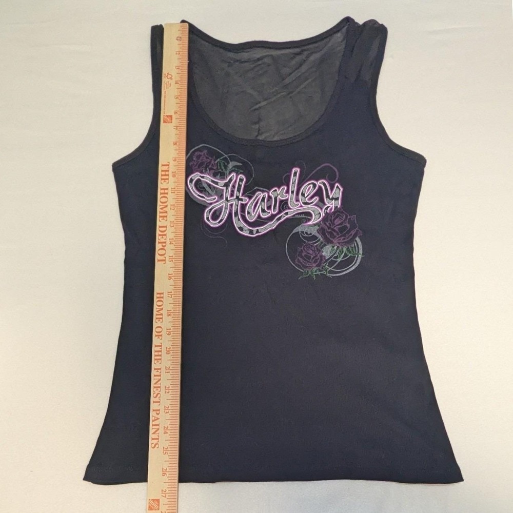 Harley-Davidson Tank Top XL Black Mesh Back Rose Graphic Ribbed Biker Edgy - Picture 4 of 7